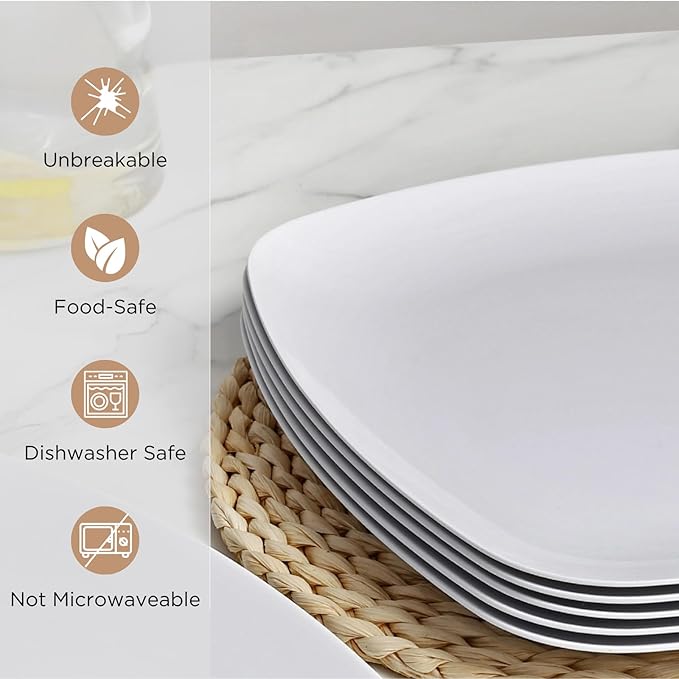 TP 10.5" Melamine Square Dinner Plates, 6-piece Plate Set Unbreakable Serving Dishes for Indoors and Outdoors, Unbreakable Dinner Service for 6, White