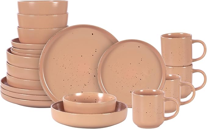 HomeVss, Nordic Shape Rising Rim Stoneware 20pc Dinnerware Set, Matte Rose with Speckle Finished Effect