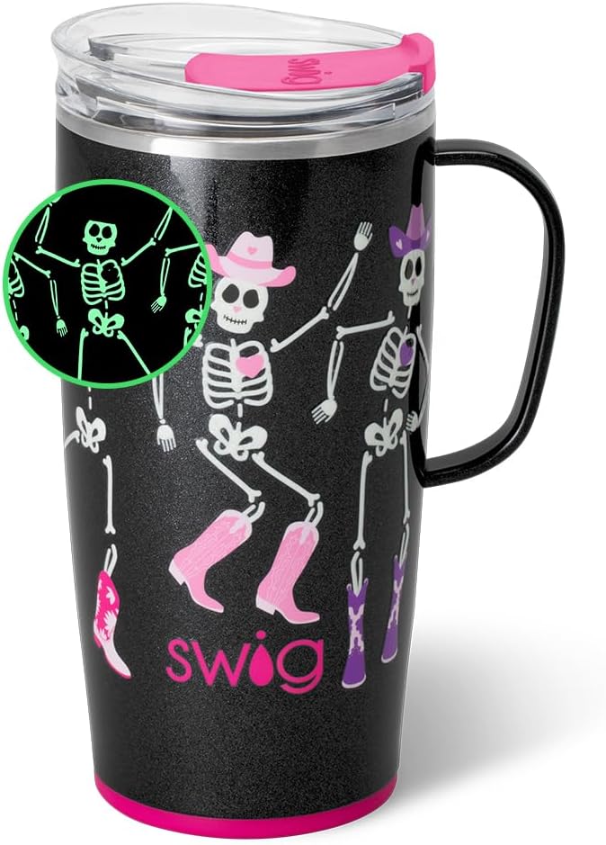 Swig Life 22oz Travel Mug, Halloween Insulated Tumbler with Handle and Lid, Travel Coffee Mug, Cup Holder Friendly, Stainless Steel 22 oz Tumbler, Reusable Insulated with Lid (Let's Go Ghouls)