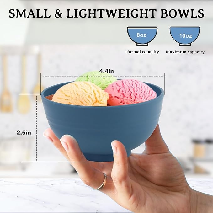 Wheat Straw Bowl 10 OZ - 5 Inch, Unbreakable Small Bowls Set of 8, Dessert Bowl for Kitchen, Camping, Party, Microwave and Dishwasher Safe Mini Bowls for Appetizer, Yogurt (Blue)