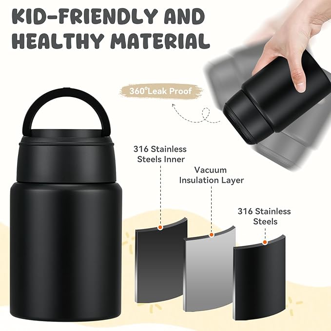 17oz Soup Thermo for Hot Food Kids Insulated Food Jar,Thermo Hot Food Lunch Container, Width Mouth Stainless Steel Lunch Box for Kids with Handle Folding Spoon(Black-Pure)