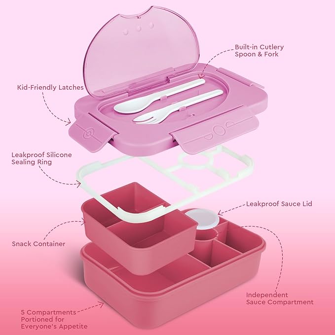 Bento Box Adult Lunch Box,Lunch Containers for Adults Kids,5-Compartment Bento Box for Kids Snack Boxes with Cutlery (Pink)