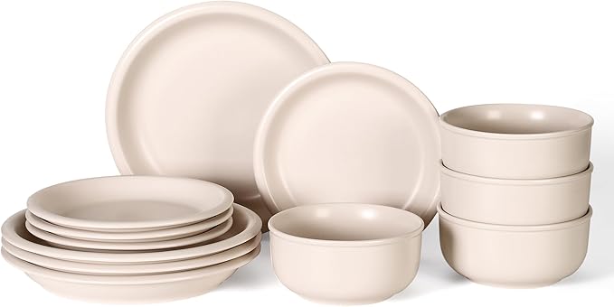 GZG Vintage Series - Ceramic Dinnerware Set for 4, 12 Pieces Stoneware Plates and Bowls Set, Lead-Free, Handcrafted Dishes Set, Microwave & Dishwasher Safe - Cream White