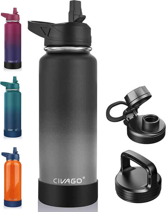 CIVAGO 40 oz Insulated Water Bottle With Straw, Stainless Steel Sports Water Flask Cup with 3 Lids (Straw, Portable Spout and Handle Lid), Double Walled Travel Thermal Canteen Mug, Dreamy Black Gray