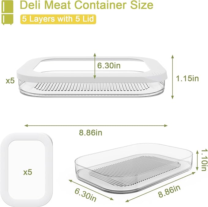 5 Pcs Deli Meat Container for Fridge, Stackable Bacon Lunch Meat Container for Refrigerator, Food Storage Boxes with 5 Lids for Cold Cuts, Cheese, LunchMeat, Salami, Meal Prep Containers, BPA Free
