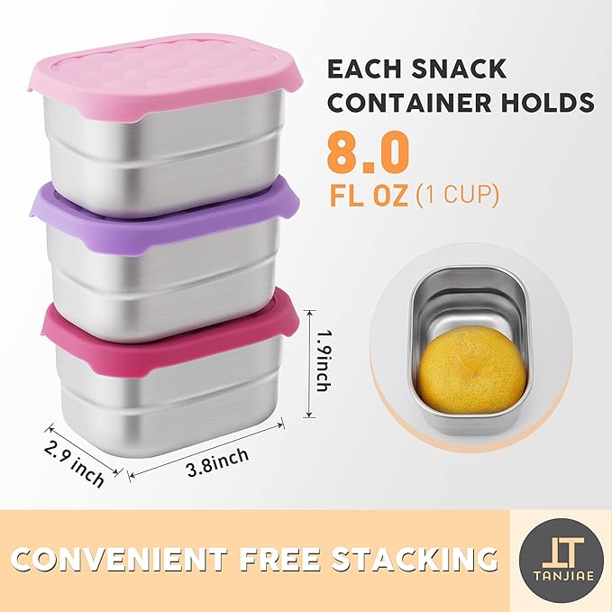Small (1 CUP) Stainless Steel Snack Containers for Kids | Easy Open Leak Proof Food Containers with Silicone Lids - Perfect Metal Toddler Lunch Box for Daycare and School (8oz)