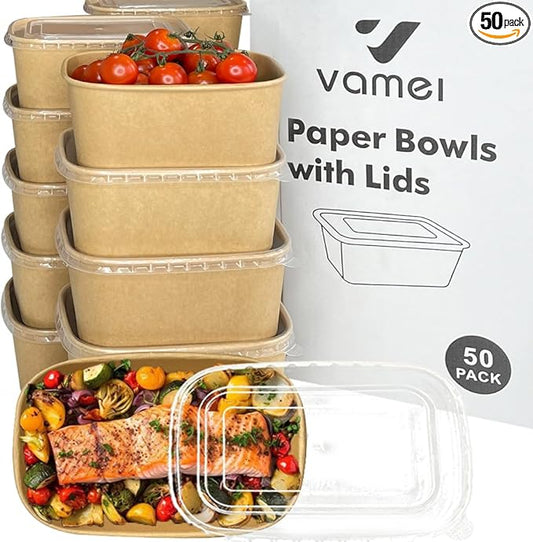 29 oz Disposable Meal Prep Containers, 50-Pack Disposable Food Containers with Lids, Large 1000ml Leakproof Paper Food Containers Treat Soup Serving Bowls Microwave Safe for Hot/Cold Food
