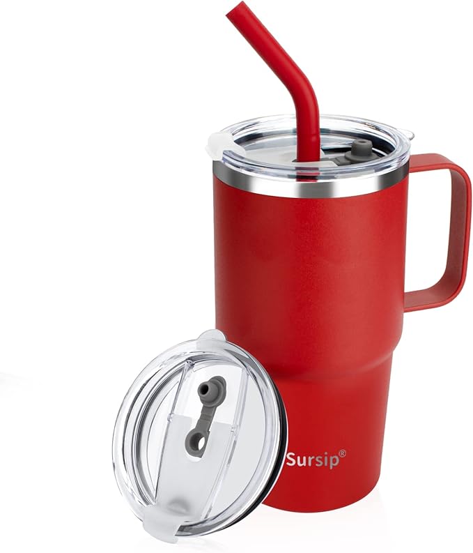Sursip 24 oz Insulated Cup with Handle, Double Wall Vacuum Stainless Steel Tumbler with Straw and 2 Lids, For Cold/Hot Drinks, Coffee Travel Mug for Car/Home/Office/Party/Camping (Red-1 Pack)