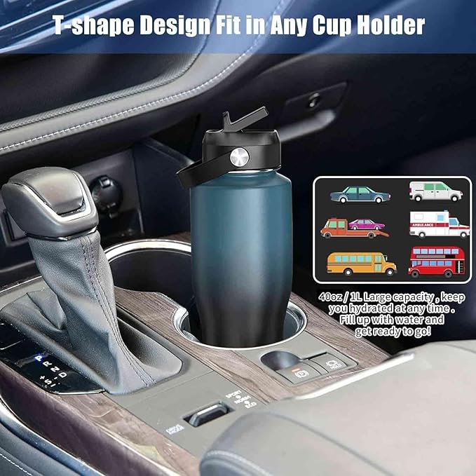 SENDESTAR 40oz Stainless Steel Water Bottle(Cold for 48 Hrs, Hot for 24 Hrs),Double Wall Vacuum Insulated Bottle with Straw Lid, Spout Lid and Flex Cap, Fit in Any Car Cup Holder,Black