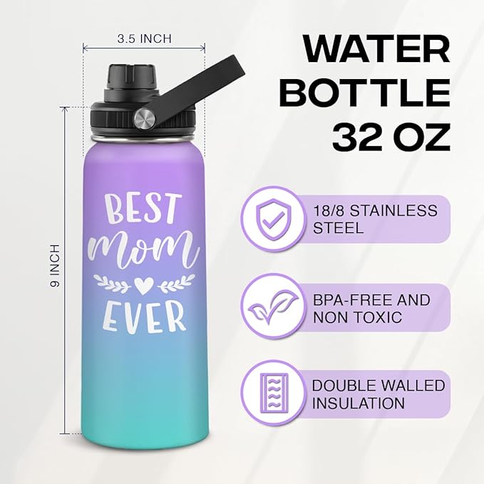 Best Mom Ever Water Bottle 32oz Stainless Steel Insulated Water Bottles - Gifts for Moms from Son Daughter - Mothers Gifts for Birthday Christmas