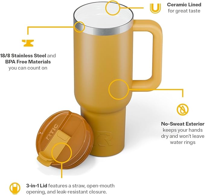 RTIC 40 oz Road Trip Tumbler Double-Walled Cermaic Lined Insulated Stainless Steel Portable Travel Coffee Mug Cup with Lid, Handle and Straw, Harvest