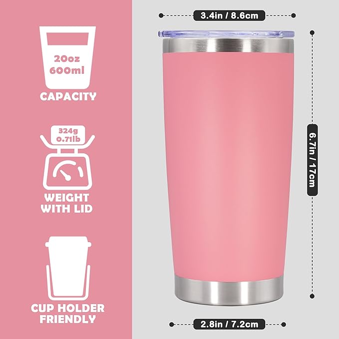 20oz Tumbler Bulk Stainless Steel Tumbler Cup with Lid Vacuum Insulated Double Wall Travel Mug, Durable Powder Coated Travel Coffee Tumbler Mug for Hot & Cold Drinks, Pink,8 Pack
