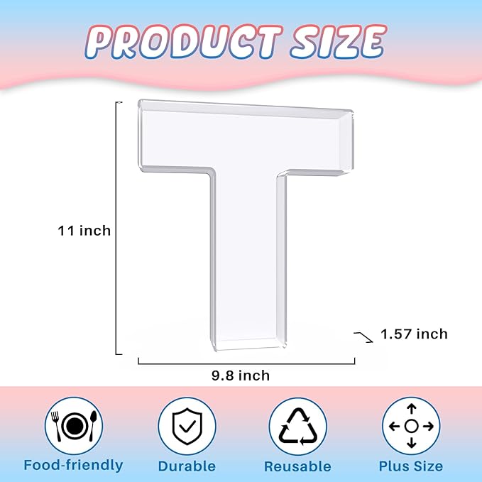 11" Acrylic Letter Charcuterie Box, Reusable Fillable Alphabet Number Shaped Form Tray for Birthday Anniversaries, Party Decorative Serving Plates Display Candy Cake (T)