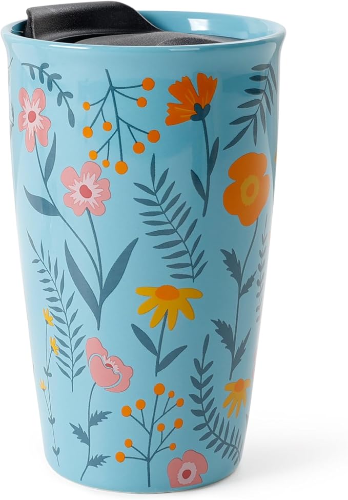 ANTIS'S HOME Ceramic Travel Coffee Mug, Double Wall Blue Floral Tumbler 9.6oz, Microwave & Dishwasher Safe, Splash-Resistant, Reusable Coffee & Tea Cup