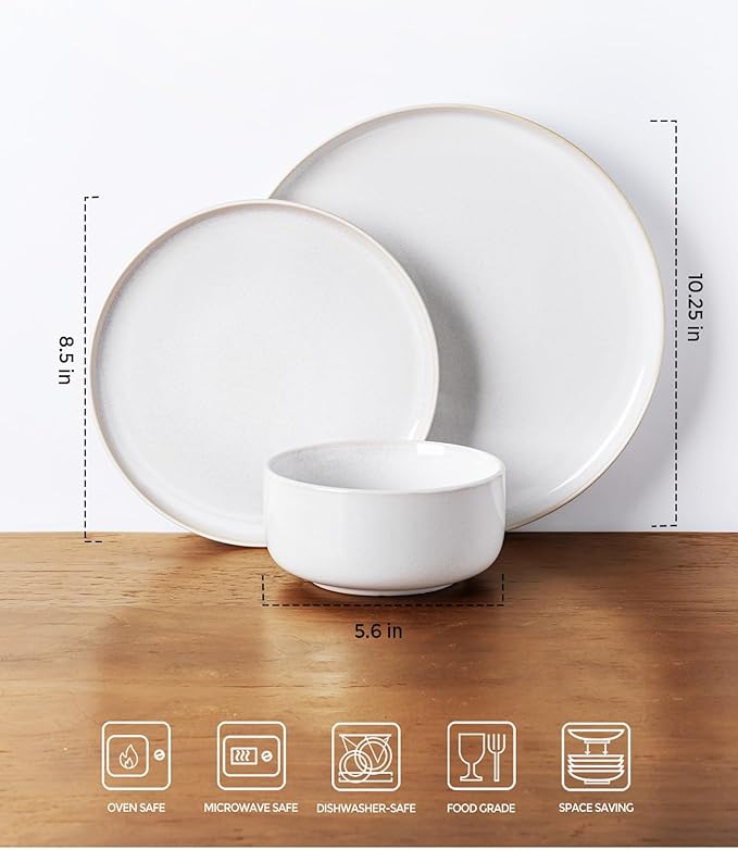 TheTerra Ceramic Dinnerware Sets for 4, 12 Pieces Handmade Reactive Glaze Plates and Bowls Set, Scratch Resistant Dish Set, Oven & Microwave & Dishwasher Safe, Star White