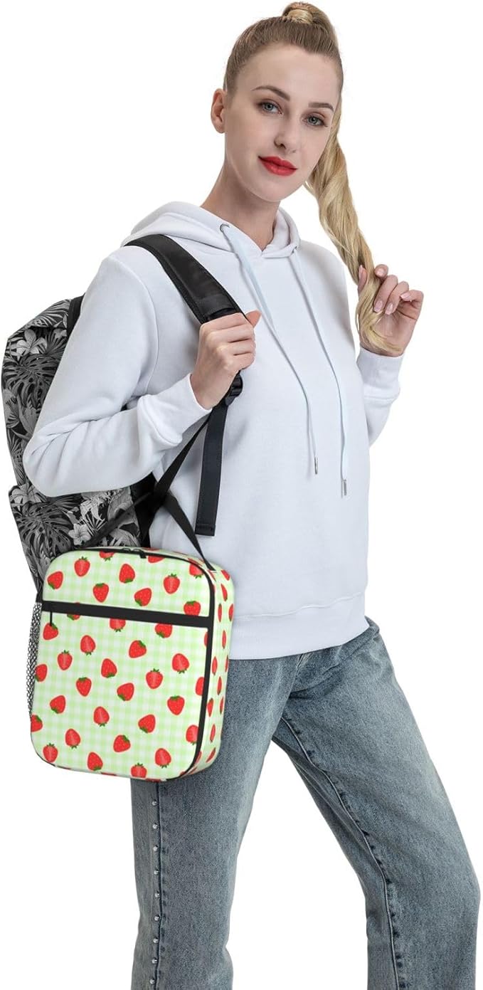 Strawberry Kid Lunch Bag Insulated Reusable Lightweight Water Resistant Green Grid LunchBox with Water Bottle Holder for Boys Girls Lunch Tote