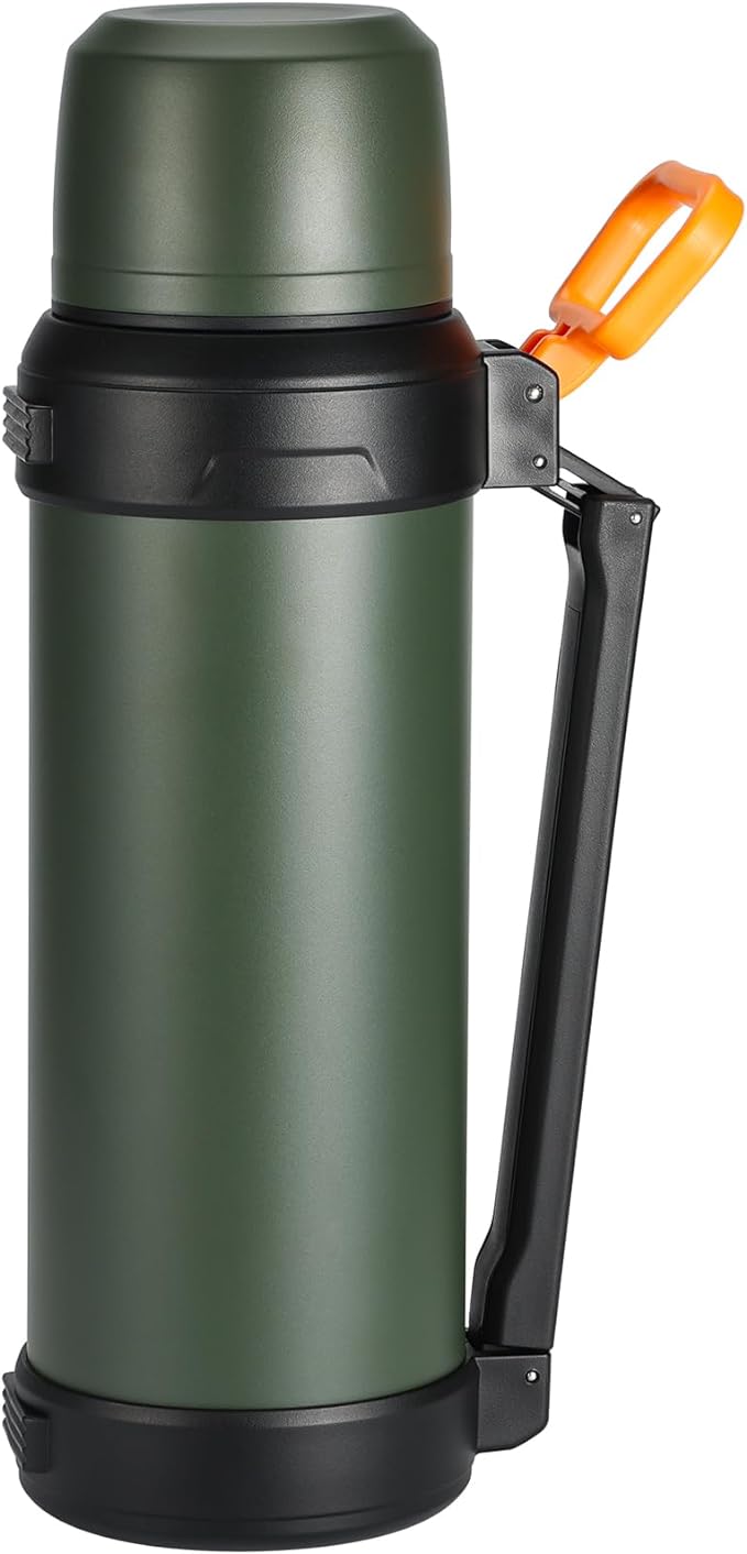 88oz Large Coffee Thermo for Travel, 2500ml Insulated Stainless Steel Water Bottle with Cup and Handle, Water Jug for 24hr Hot and Cold drinks, Vacuum Flask for Camping, Fishing & Working, Olive