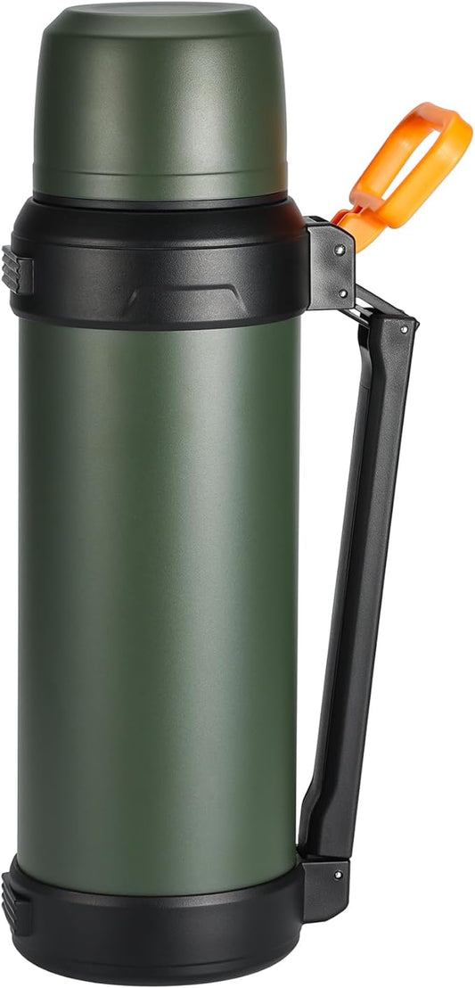 88oz Large Coffee Thermo for Travel, 2500ml Insulated Stainless Steel Water Bottle with Cup and Handle, Water Jug for 24hr Hot and Cold drinks, Vacuum Flask for Camping, Fishing & Working, Olive