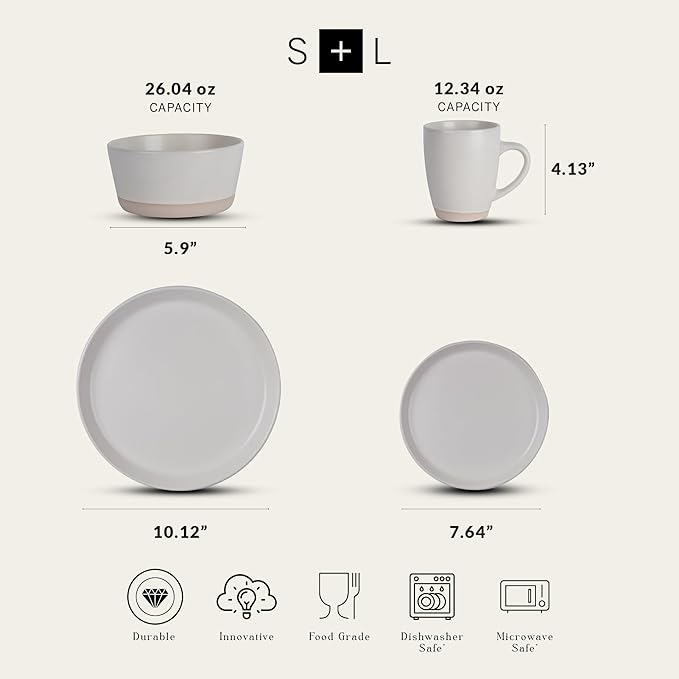 Stone Lain Jules Stoneware Dinnerware, Plates and Bowls, Dish Set for 4, Off White, Microwave & Dishwasher Safe, 16-Piece