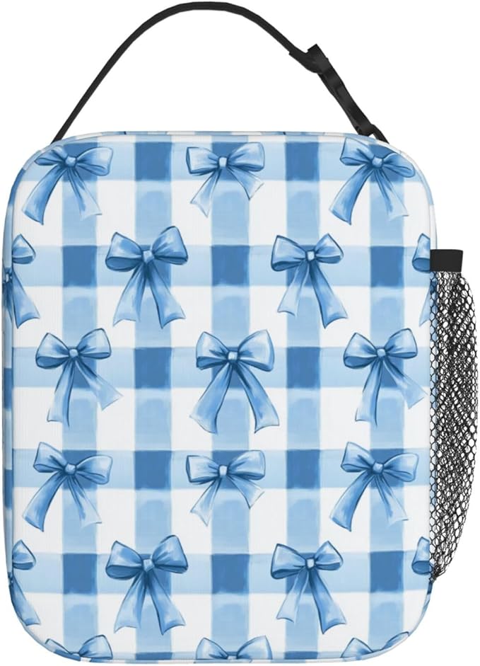 SUPLUCHOM Lunch Bag Blue Bows Check Insulated Bento Box Cooler with Side Pocket for Girl Boy Women Men Work School Picnic Hiking Daytrip