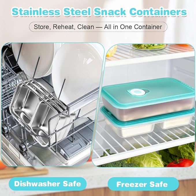 YQL 2 Pack Stainless Steel Food Containers with Lids, Double & Single Compartment Snack Boxes for Kids, Leakproof Reusable Bento Box for Lunch Prep, Travel, School, Camping