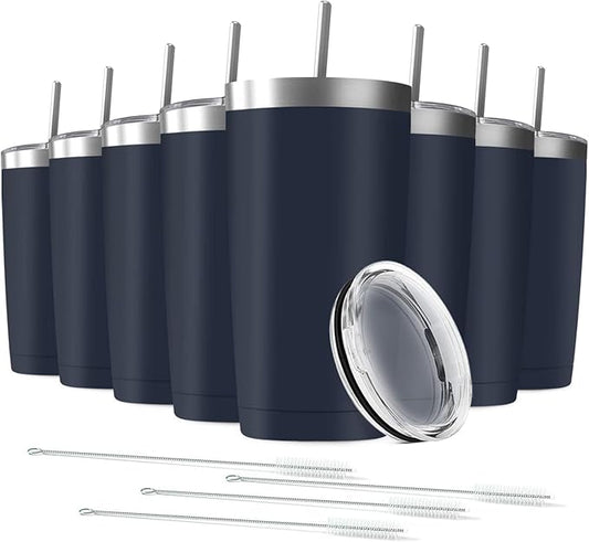 20oz Tumbler Vacuum Insulated Travel Mug with Lids, Stainless Steel Double Wall Bulk Cup for Home, Office, Outdoor Suitable for Vehicle Cup Holders(Set of 8, Navy)