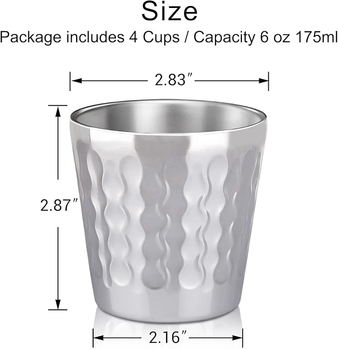 Beasea Stainless Steel Cups, 4 Pack 6oz Metal Drinking Stackable Double Wall Small Mini Air Insulated Portable Tumblers Unbreakable Shatterproof Glasses for Home Restaurant Party Camping