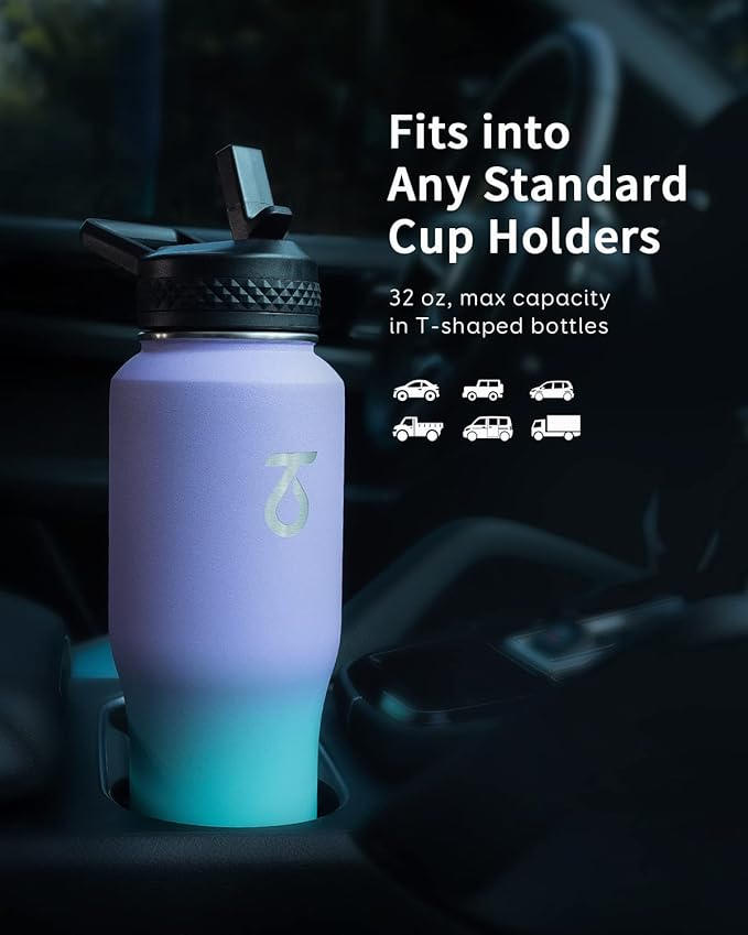 Trebo 32oz Insulated Water Bottle that Fits in Cup Holder, Stainless Steel Double Wall Tumbler Bottles with Paracord Handle, Flask with Straw Spout Lids, Keep Cold for 48 Hrs/Hot 24 Hrs,Cotton Candy