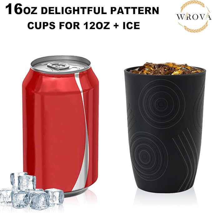 Wrova Wheat Straw Cups 16oz set of 8 with Etched Pattern - Alternative Plastic Cups Dishwasher Safe Tumbler - Plastic Drinking Cups Unbreakable for Kids - Pure Black