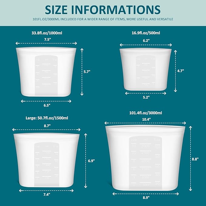 8-Pack Reusable Silicone Food Storage Bags, 100% Silicone Stand-Up Wide-Open Zip-Lock Reusable Storage Bags for Food, Freezer Microwave Oven Dishwasher Safe, Translucent, 2XL(0.8 Gallon) 2L 2M 2S