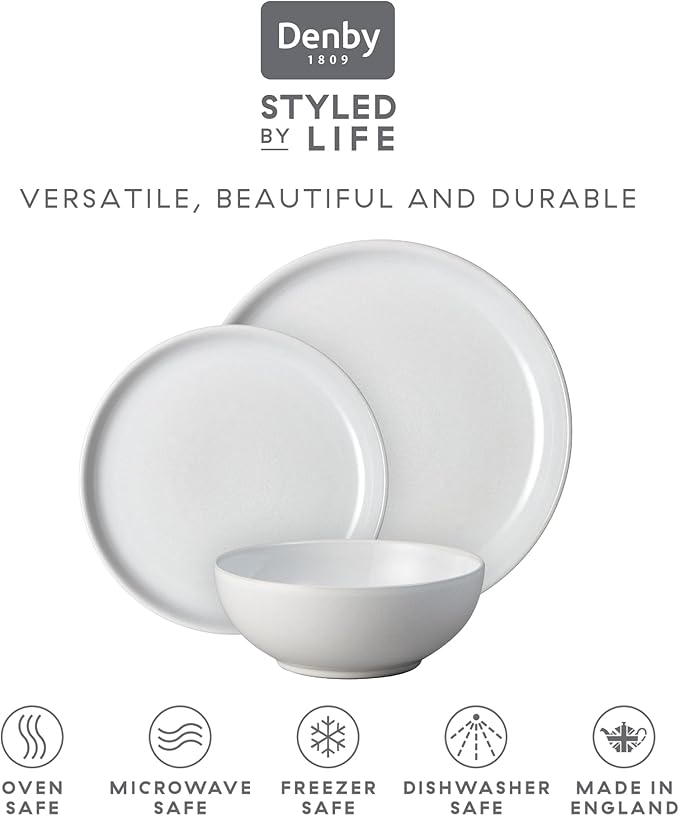 Denby - Elements Stone White Dinner Set For 4-12 Piece Simple Ceramic Stoneware Tableware Set - Dishwasher Microwave Oven Safe - Scratch Chip Resistant