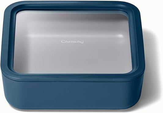 Caraway Glass Food Storage, 10 Cup Glass Container,Ceramic Coated Food Container,Easy to Store, Non Toxic, Non Stick Lunch Box Container with Glass Lids. Dishwasher, Oven,Square Shape,Navy