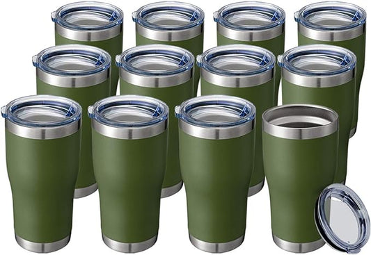 HASLE OUTFITTERS 20 oz Tumbler Bulk, Stainless Steel Tumblers with Lid, Vacuum Insulated Tumbler, Double Wall Powder Coated Cup, coffee mugs, Army Green, 12 Pack