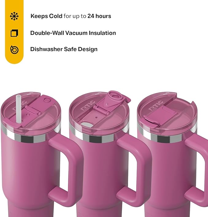 RTIC 30 oz Road Trip Tumbler Double-Walled Ceramic Lined InsulatedStainless Steel Portable Travel Coffee Mug Cup with Lid, Handle and Straw, Orchid