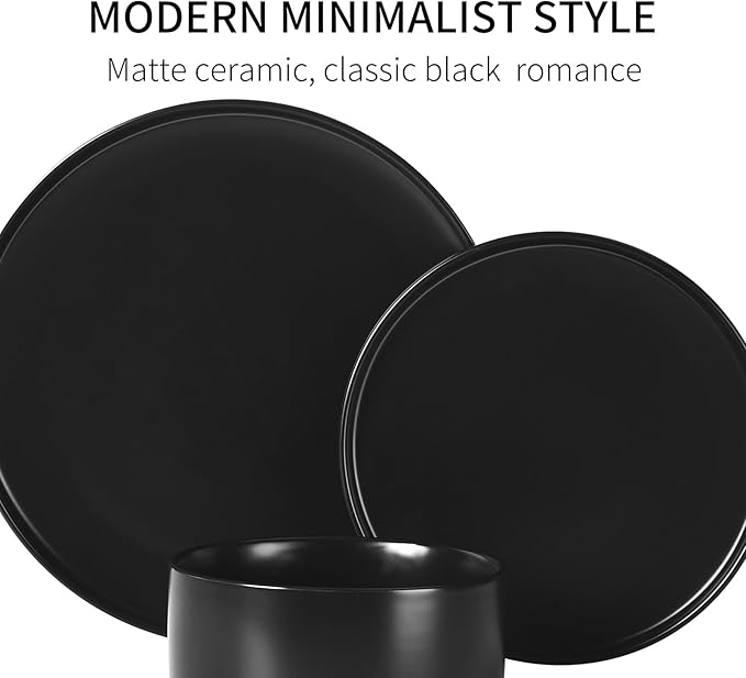 GZG Classic Series - Plates and Bowls Set for 8, 24 Piece Stoneware Dinnerware Sets, Microwave and Dishwasher Safe Lead-Free Handcrafted Ceramic Dishes Set - Matte Black
