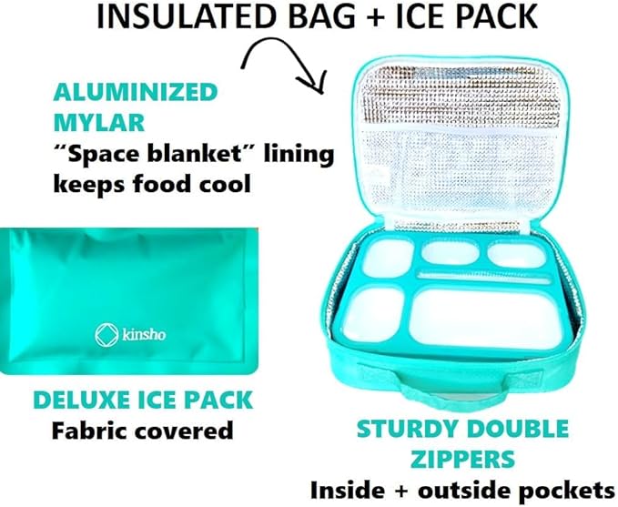 Bento Box Lunch-Box with Bag and Ice Pack, Insulated Lunch Bag and Snack Container Set for Kids Boys Girls Adults. 6 Compartments, Divided Portion Containers, Boxes for School Lunches, Teal