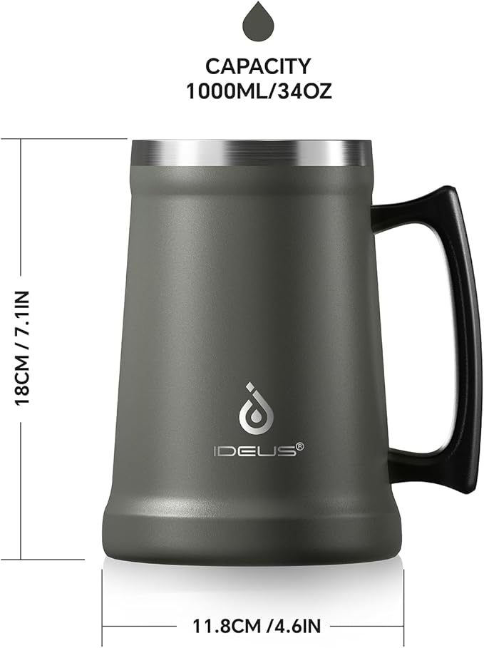 Ideus Insulated Beer Stein, 24/32oz Stainless Steel Double Walled Beer Mug Giant Bar Drinkware Metal Beer Cup with Big Grip Handle (34oz (1,000ml), Grey)
