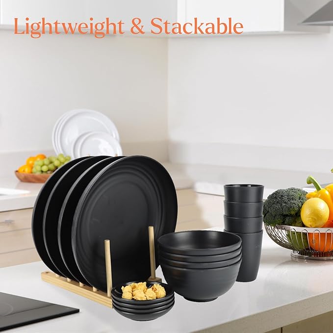 Wrova Wheat straw dinnerware sets of 16-10 inches plates,26oz bowls,2oz dipping bowls,12ozcups - Unbreakable plates and bowls sets microwave safe and dishwasher safe,service for 4. Black