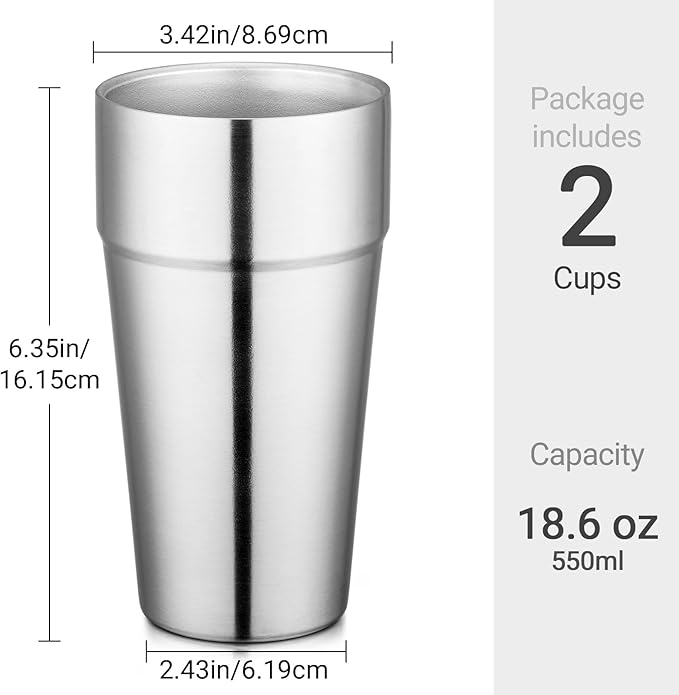 Beasea Stainless Steel Cups 19 oz, 2 Pack Large 18.6oz 550ml Stackable Stainless Steel Tumbler Double Wall Insulated Individual Metal Pint Glasses Tin Drinking Cups for Home Party Camping