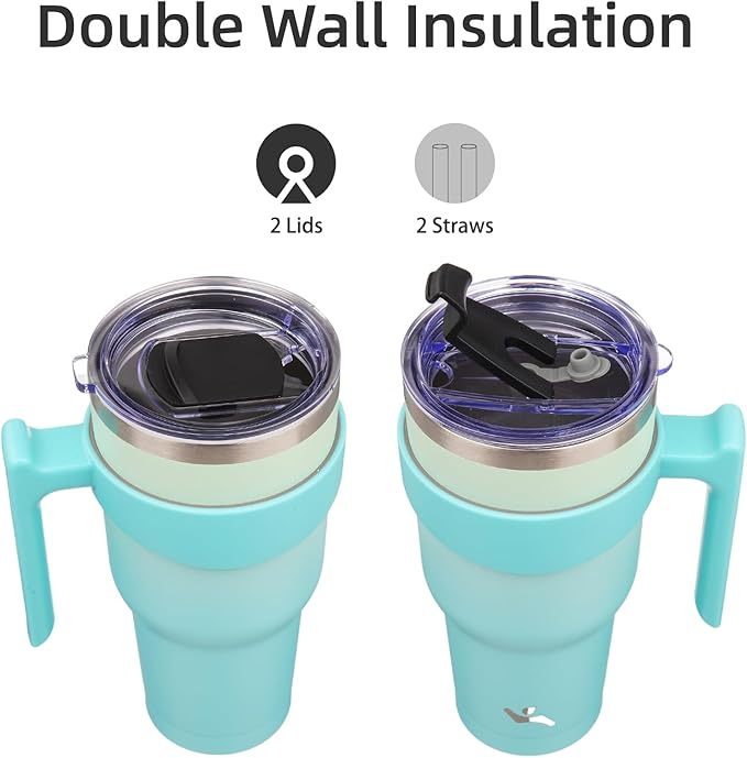 30 oz Tumbler with Handle and 2 Straw 2 Lid, Insulated Water Bottle Stainless Steel Vacuum Cup Reusable Travel Mug, Mint