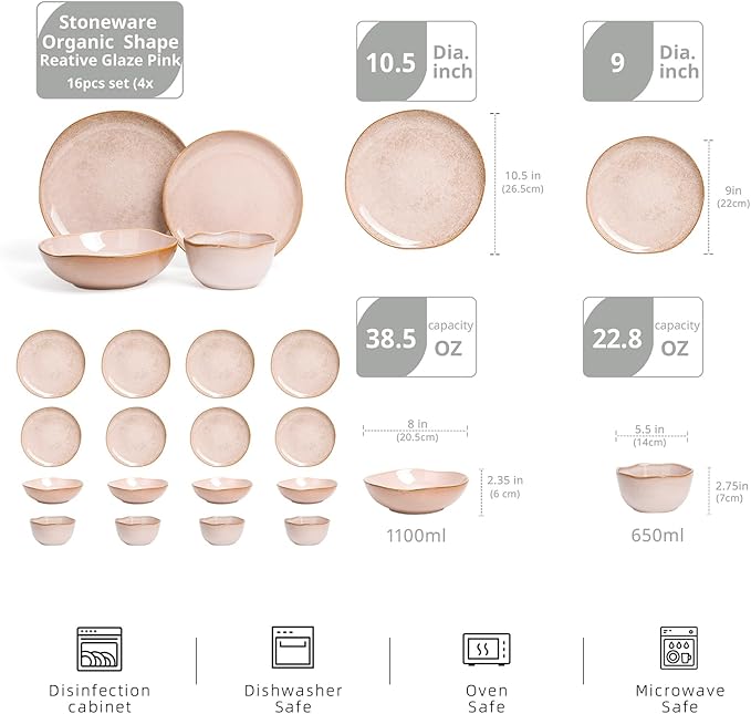 Highland 16pc Dinnerware Set, Unique Organic Shape Double Bowl， Stoneware Plate & Bowl Dish Set Service For 4, Scratch Resistant, Microwave & Dishwasher Safe, Natural Reactive Glaze, Pink
