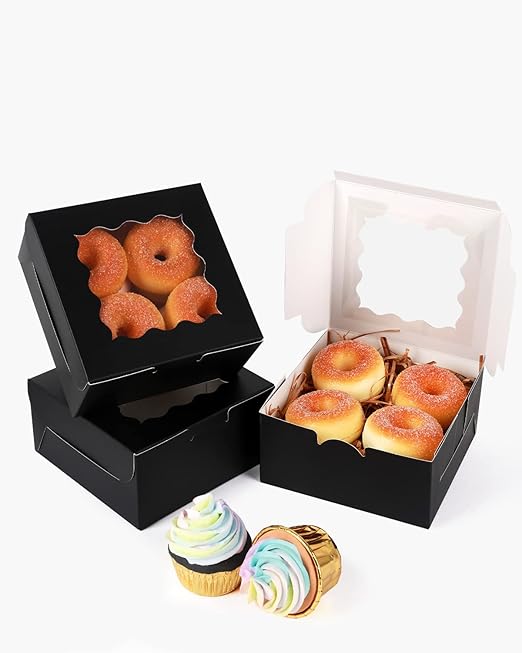 qiqee Black Bakery Box with Window 60packs 6x6x3 Black Cookie Boxes Pastry Box for Wedding Favor Birthday ＆ Party