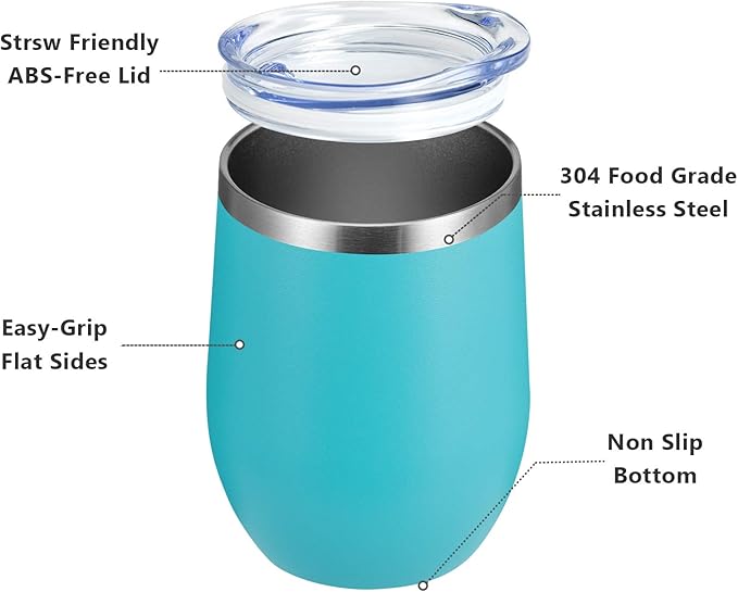 MEWAY 12oz/4 Pack Wine Tumbler Glasses with Lid - Stemless Double Wall Vacuum Stainless Steel Travel Tumbler - Keeping Cold & Hot for Wine,Coffee,Cocktails(Turquoise,Set of 4)