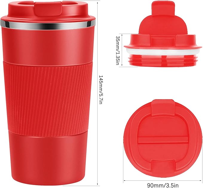 12oz Travel Coffee Cups Insulated Tumbler Thermal Mug to Go with Lid Leak Proof Reusable Stainless Steel Coffee Mug Spill Proof for Hot and Iced Cold Drinks (Red, 380ml)
