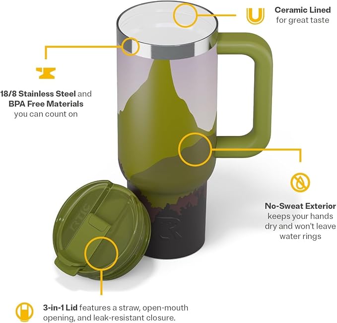 RTIC 30 oz Road Trip Tumbler Double-Walled Ceramic Lined InsulatedStainless Steel Portable Travel Coffee Mug Cup with Lid, Handle and Straw, Deep Woods