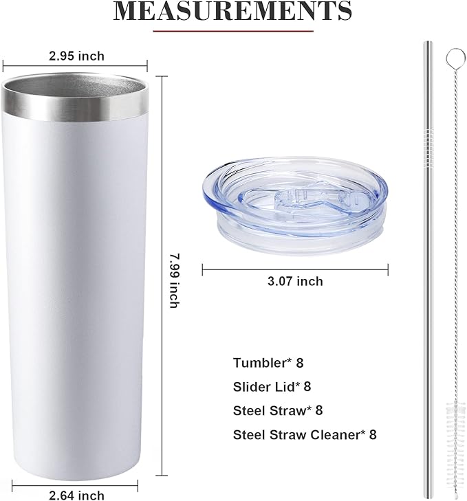 20 oz Skinny Tumblers with Lid and Straw,Stainless Steel Vacuum Insulated Tumbler Cup Double Wall Travel Coffee Mug, Thermal Water Tumbler for Hot and Cold Drinks(White,8)