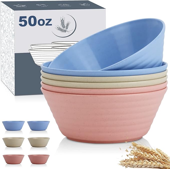 Wrova Wheat Straw Bowl Sets,6 PCS Unbreakable Big Cereal Bowl 50 OZ,Microwave and Dishwasher Safe Bowls,Large Salad Bowls for Party,Dorm,Apartment,Camping (Colorful Series)