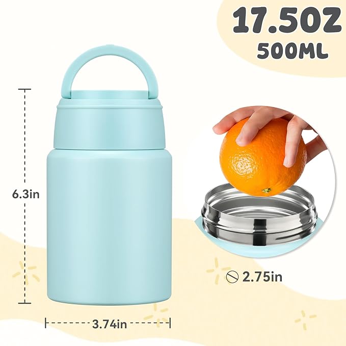 17oz Soup Thermo for Hot Food Kids Insulated Food Jar,Thermo Hot Food Lunch Container, Width Mouth Stainless Steel Lunch Box for Kids with Handle Folding Spoon(Ice Blue - Pure)