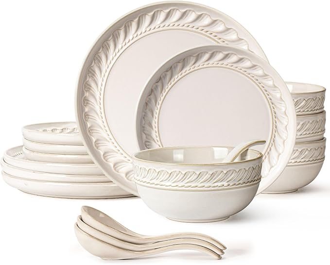 Artena Plates And Bowls Sets, 16 Pieces Dinnerware Sets, Dish Set For 4, Ceramic Kitchen Bowl And Plate Set, Embossed White Dishware Sets, Dishwasher & Microwave Safe (Willow Leaf)