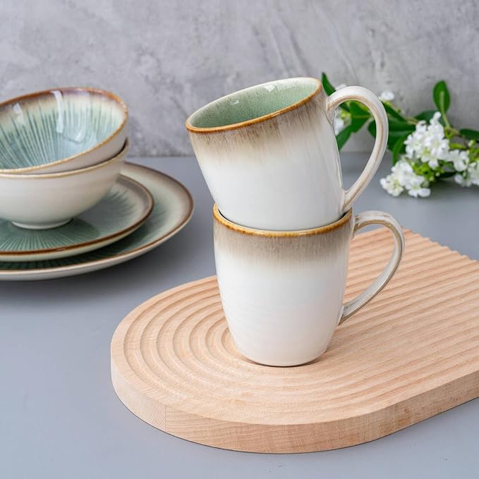 Dinnerware Set Green Stoneware 16 Pieces Service for 4, Stoneware Plates and Bowls Set Highly Chip Dishwasher Microwave Safe Dishes set